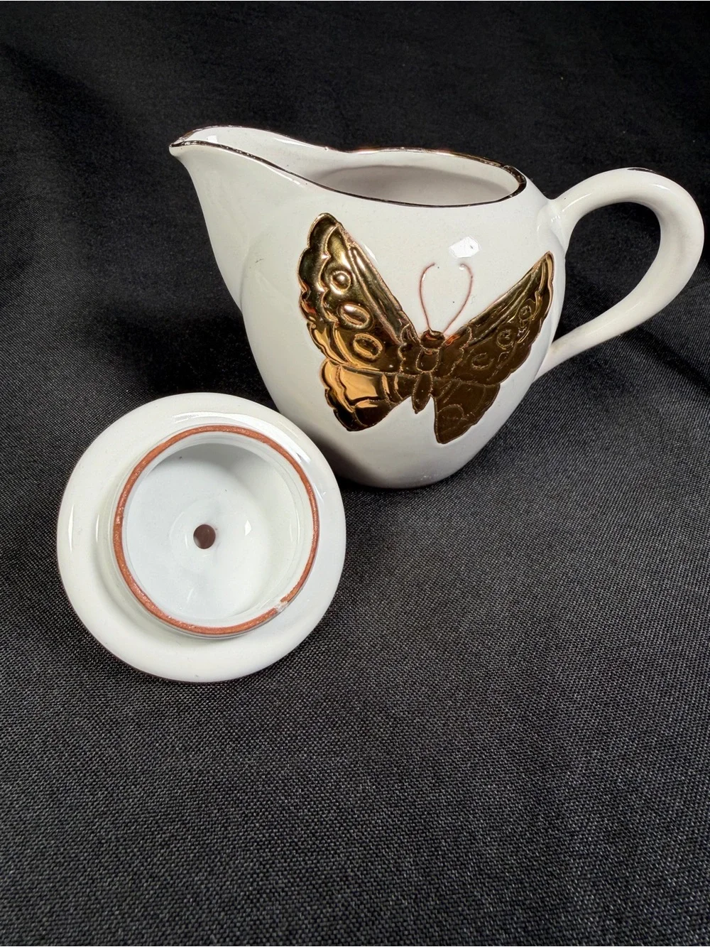 Carole Stupell Italian Ceramic Plate/Creamer Set Gold Butterfly Accents